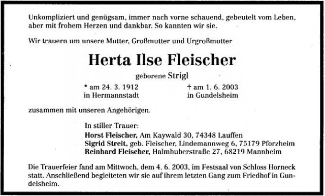 Strigl Herta Ilse 1912-2003 Todesanzeige